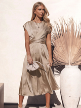 Damen Kurzarm Wickel Midi Hochzeitsgast Kleid – Beige