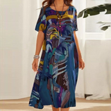 Dina Elegantes Abstraktes Harmonie Midi-Kleid – Blau