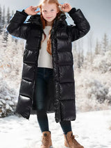 Frost - mädchen winter dicker langer warmer kapuzenmantel – Schwarz