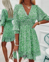 Solene - Geblümtes langärmeliges Minikleid – Grün