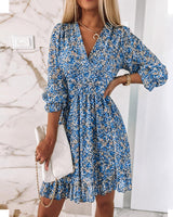 Solene - Geblümtes langärmeliges Minikleid – Blau