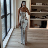 Maxi-Kleid für Damen mit Pailletten und quadratischem Ausschnitt - Zirena – Silber