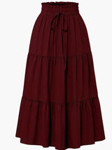 Damenrock mit Smockbund Eleganter Alltagsstil Midi Volantrock – Weinrot