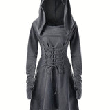 Damen Halloween-Kleid mit Kapuze | Schnürung & Asymmetrischer Saum – Dunkelgrau