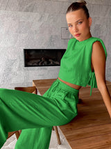 Damen Leinen-Set – Lockerer Schnitt – 2-teiliges Sommer-Outfit – Grün