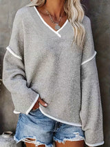 Ginny – Lässiger Pullover Mit Langen Ärmeln Und V-Ausschnitt – Hellgrau
