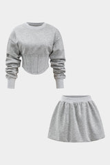 Celine | Stylisches Sweat-Zweiteiler-Set mit Cropped-Pullover & Skaterrock – Hellgrau