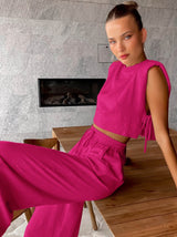 Damen Leinen-Set – Lockerer Schnitt – 2-teiliges Sommer-Outfit – Rosa