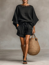 Wiebke | Bluse & Shorts-Set mit U-Boot-Ausschnitt – Schwarz
