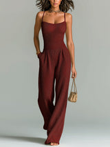 ElevenOra Stilvolles Kamel Strappy Ärmelloses Tailliertes Weites Bein Geripptes Strick-Jumpsuit – Dunkelrot