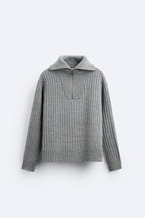 Klassischer Rippstrick-Pullover mit Reißverschluss – Grau