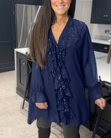Aurora - Lange Bluse mit V-Ausschnitt – Marineblau