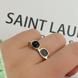 Schwarzer Emaille glasierte Gläser Ring – Silbrig