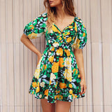 Camila - Geblümtes Minikleid mit Puffärmeln – Gelb Grün