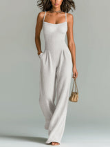 ElevenOra Stilvolles Kamel Strappy Ärmelloses Tailliertes Weites Bein Geripptes Strick-Jumpsuit – Weiß