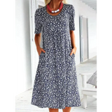 Jehaia - Lässiges Kleid mit Rundhalsausschnitt und Blumenmuster – Dunkelblau