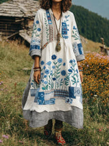Eresha - Lässiges Langarm Kleid Mit Blumenmuster – Weiß