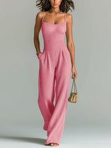ElevenOra Stilvolles Kamel Strappy Ärmelloses Tailliertes Weites Bein Geripptes Strick-Jumpsuit – Rosa