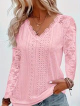 Shaleva - Stylisches Langarm Shirt Mit Spitzen V-Ausschnitt – Rosa
