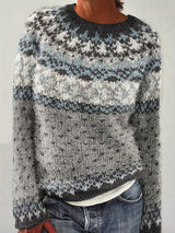 Norweger Grobstrickpullover | Langarm mit Retro Geometrischem Muster – Grau