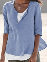 Vera | Damen Bluse 3/4-Arm Lagenlook V-Ausschnitt – Hellblau
