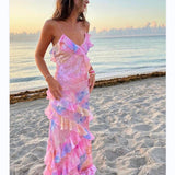 Elena - Langes degradiertes Kleid mit Rüschen – Rosa