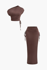 Melody | Asymmetrisches Zweiteiler-Set mit One-Shoulder Crop-Top & Maxi-Rock – Kaffee