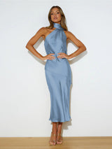Stuttgart | Frauen Satin Drapierung Split Hollow Dünn Elegantes Kleid – Blau