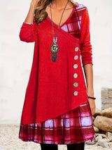 Alinor - Lässiges Kariertes Patchwork Kleid Mit Langen Ärmeln – Rot
