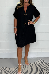 Noeilla - Lässiges Locker Sitzendes Baumwoll Kleid Mit Knöpfen – Schwarz