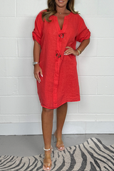 Noeilla - Lässiges Locker Sitzendes Baumwoll Kleid Mit Knöpfen – Rot