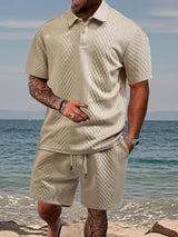 Niall - Strukturiertes Set aus Poloshirt und Shorts – Beige