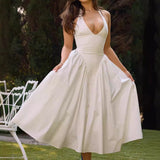 Viviana - Fließendes Midikleid mit V-Ausschnitt und Neckholder – Weiß