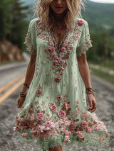 Giselda - blumenbesticktes Kleid – Grün