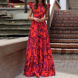 Sofia - Gerafftes Maxikleid mit Blumenmuster im Bohème-Stil – Rot