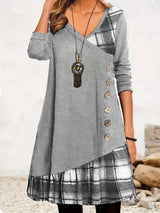 Alinor - Lässiges Kariertes Patchwork Kleid Mit Langen Ärmeln – Grau