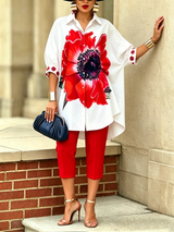 Damen Zweiteiliges Set mit Floralprint – Eleganter Moderner Stil – Rot