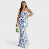Thalia - Floral Print Prom Dress with Tied Shoulder Straps – Blau Floral