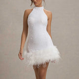 Ivanna - Minikleid mit Neckholder-Ausschnitt und Federn – Weiß