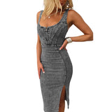 TATIANA™ – Elegantes Denim-Midi-Kleid mit Seitenschlitzen – Dunkelgrau