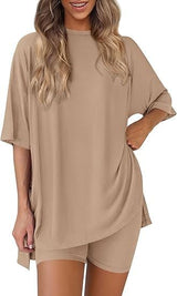 Rikke - Kurzen Ärmeln Zweiteiliges Set – Khaki
