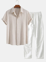 Button-Up Hemd und gerade geschnittene Hose aus Leinen-Rayon-Mischung – Beige