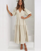 Abiah – Elegantes Midikleid mit Puffärmeln – Beige