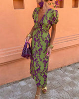 Jocell – Midikleid mit Vintage-Blumenmuster und Puffärmeln – Grün