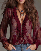 Norayi - Bluse aus Soft-Touch-Material mit Rüschenärmeln, V-Ausschnitt und Print – Burgunderrot
