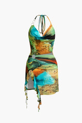 Mira | Asymmetrischer Seitenschlitz Neckholder-Minikleid mit Kunstdruck – Grün