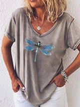Eleanor | Libellenmuster V-Ausschnitt T-Shirt – Grau