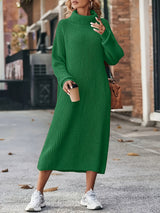 Damen Strickkleid Rollkragen | Langarm und Midi-Länge – Grün