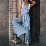 Damen-Latzhose aus Denim mit weitem Bein und verstellbaren Trägern – Hellblau