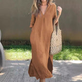 Ramune - Lässiges Leinen Kleid Mit V-Ausschnitt – Braun